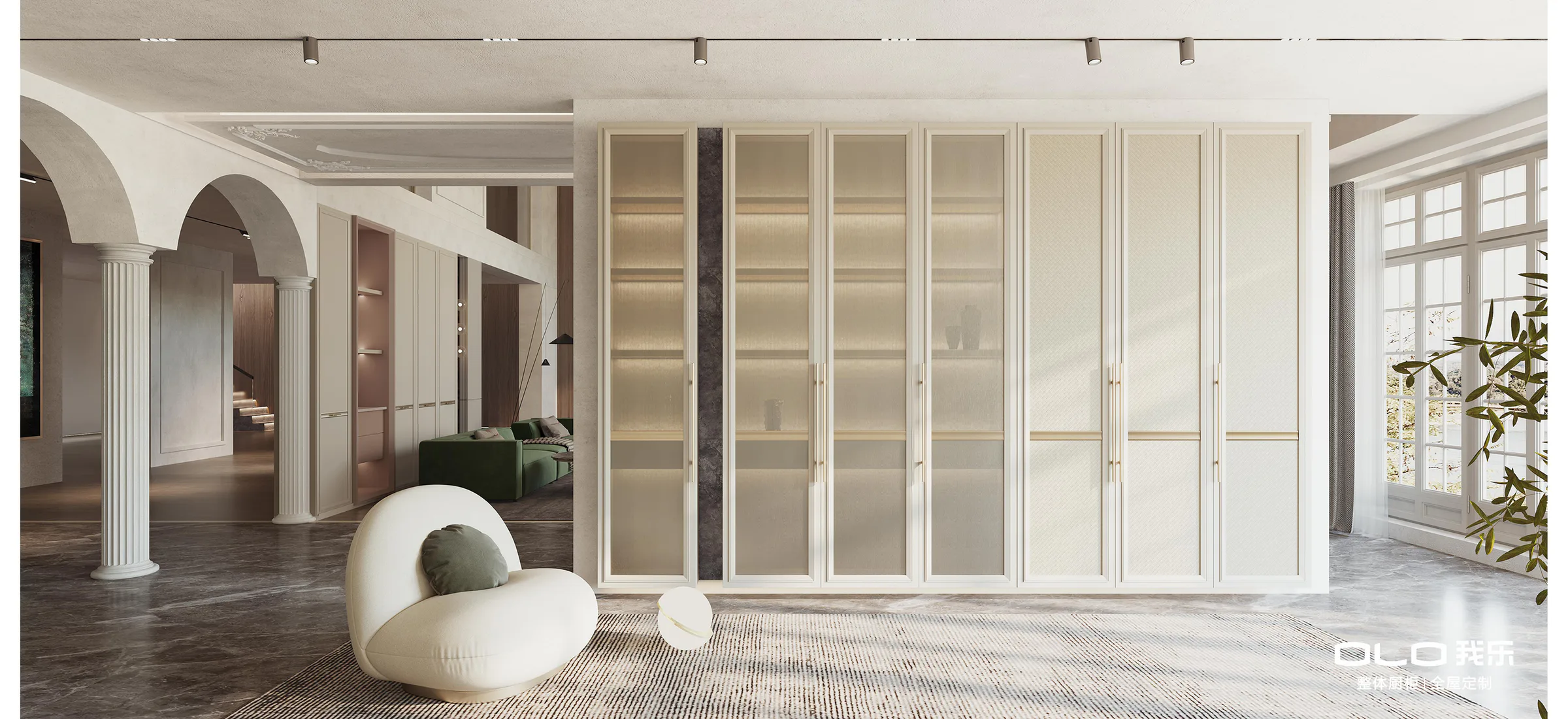 ROSA ROMANTIC living space with glass-front cabinetry