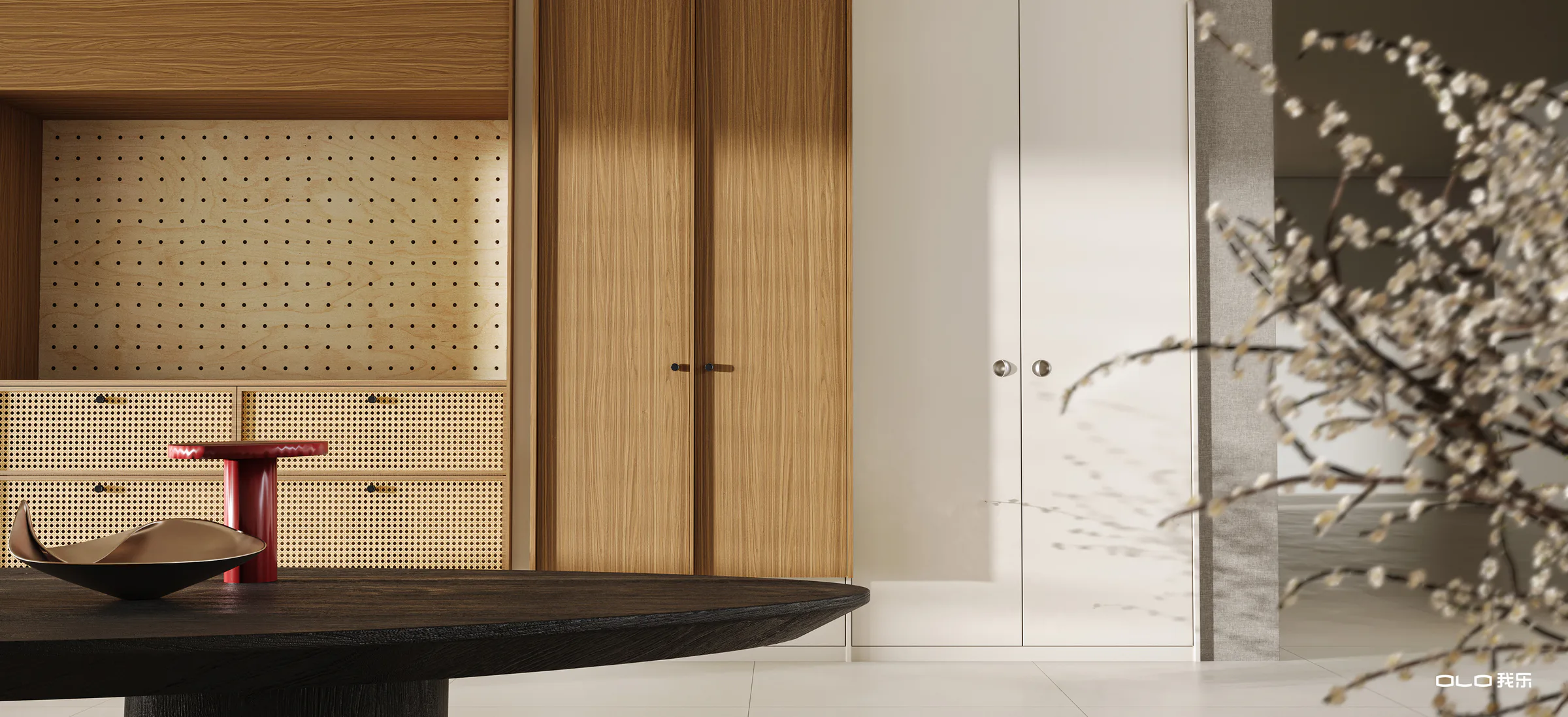 STOCKHOLM PRO cabinetry details in timber, cane, and ivory