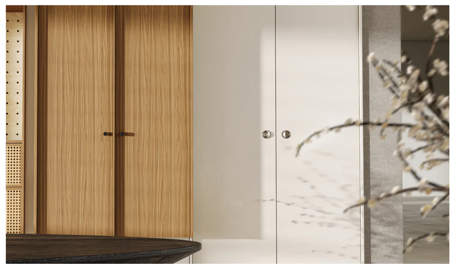 STOCKHOLM PRO timber and ivory cabinet doors with discreet round handles