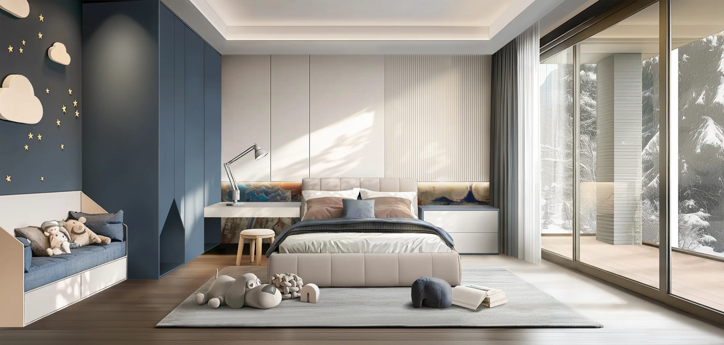 STOCKHOLM PRO children's bedroom with blue and ivory cabinetry