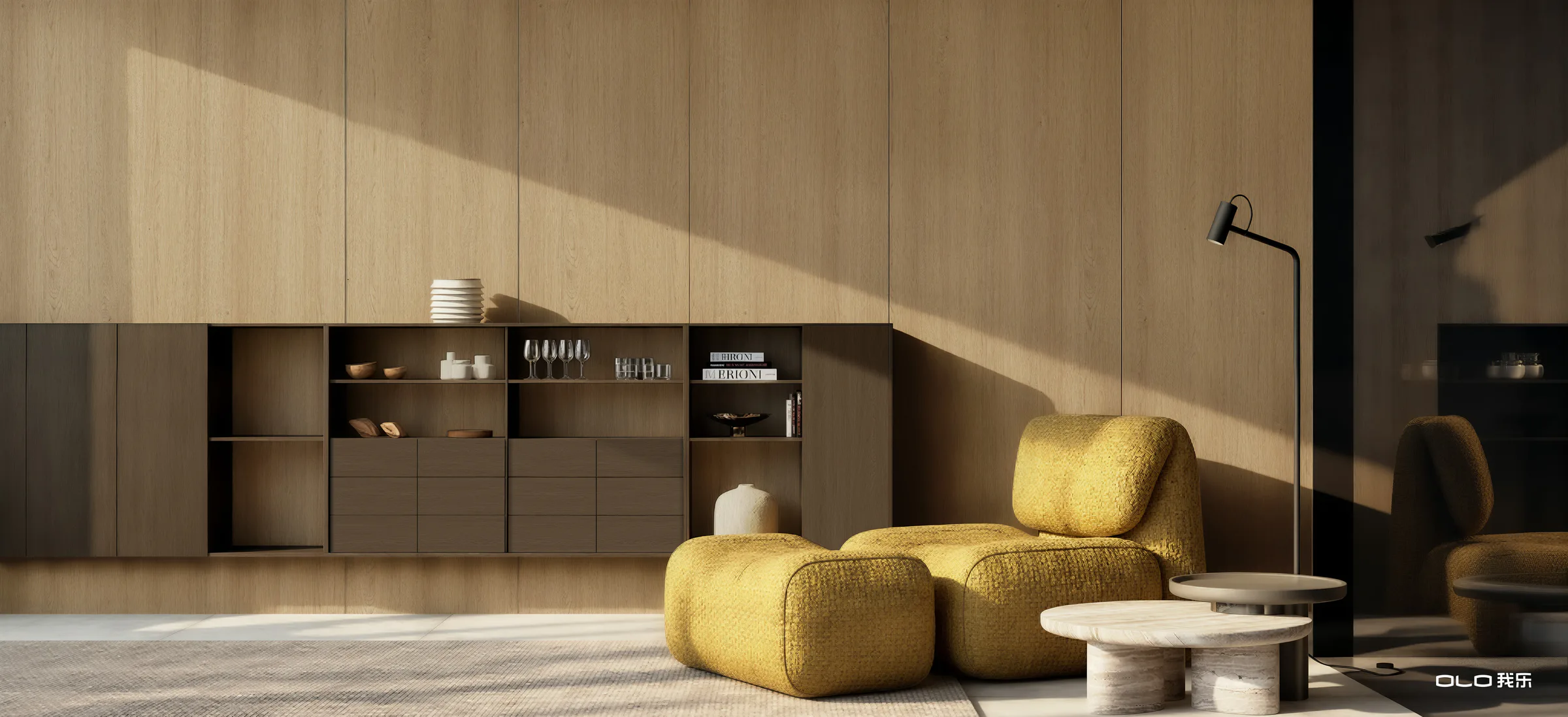 STOCKHOLM PRO warm timber lounge with integrated display storage