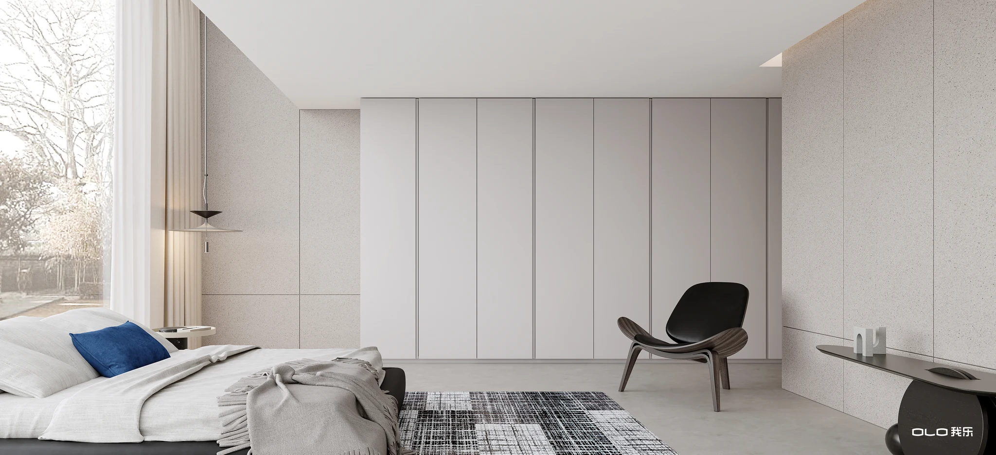 YARK pale minimalist bedroom with sculptural furniture
