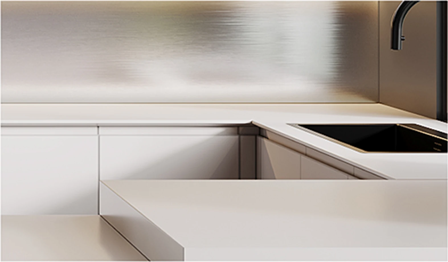 YARK seamless worktop corner and metallic splashback detail