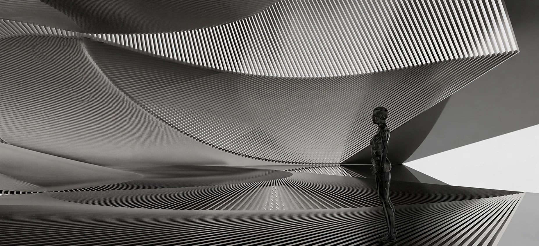 Futuristic monochrome architectural installation with flowing ribbed surfaces