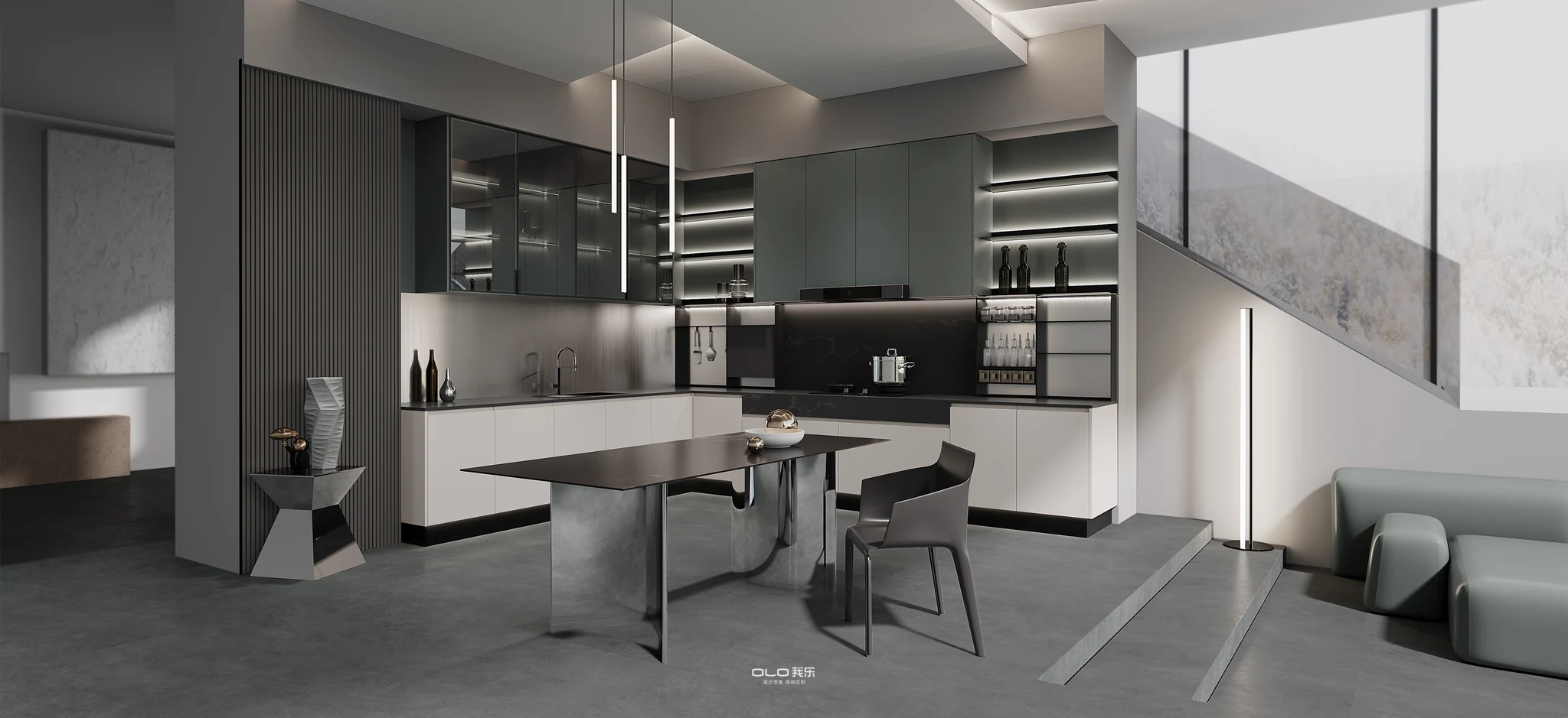 YARK dark kitchen with illuminated shelves and dining island