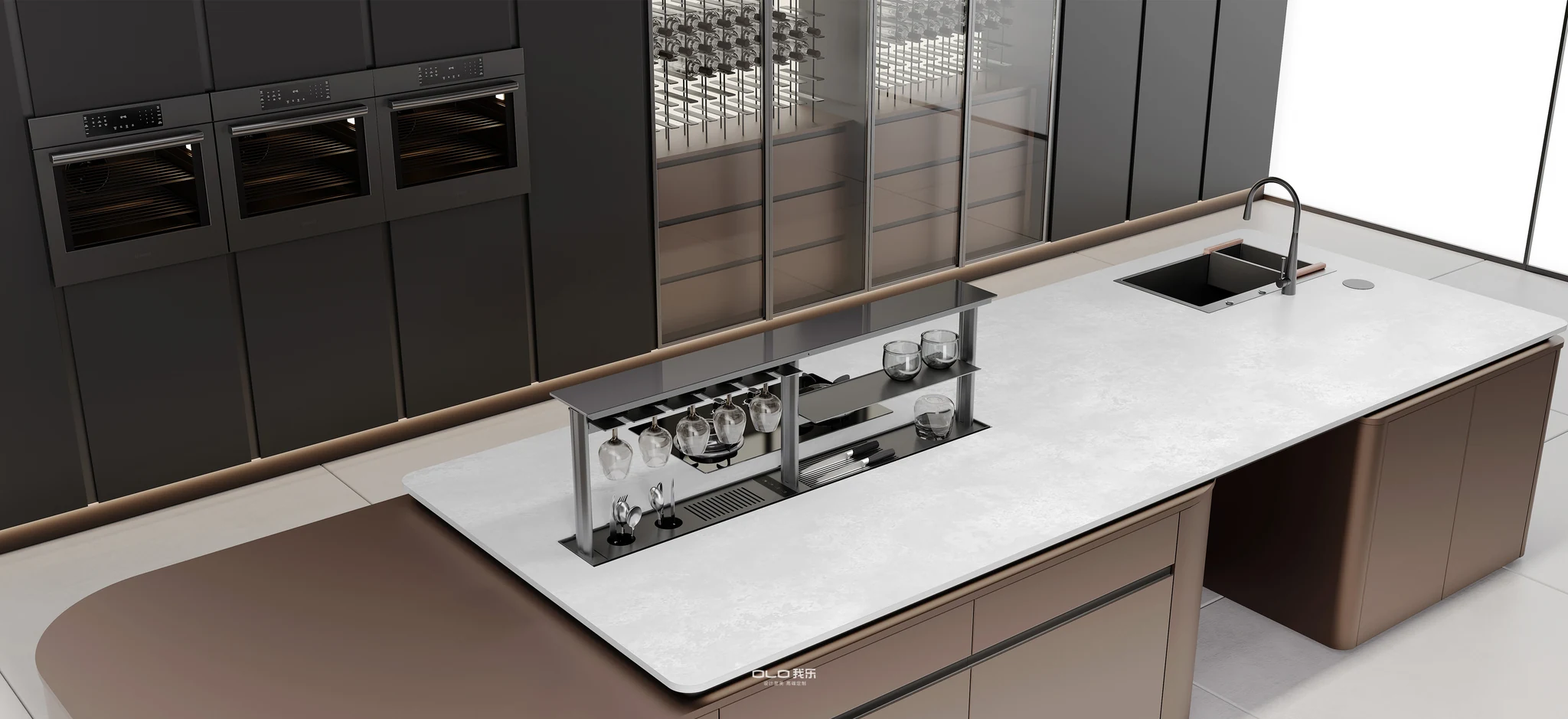 COVERT smart island with rising storage and glassware system