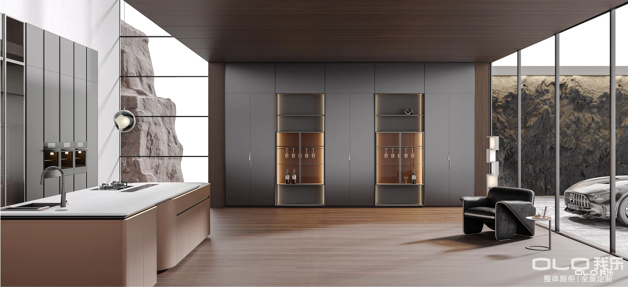 COVERT kitchen wall with symmetrical illuminated display cabinets