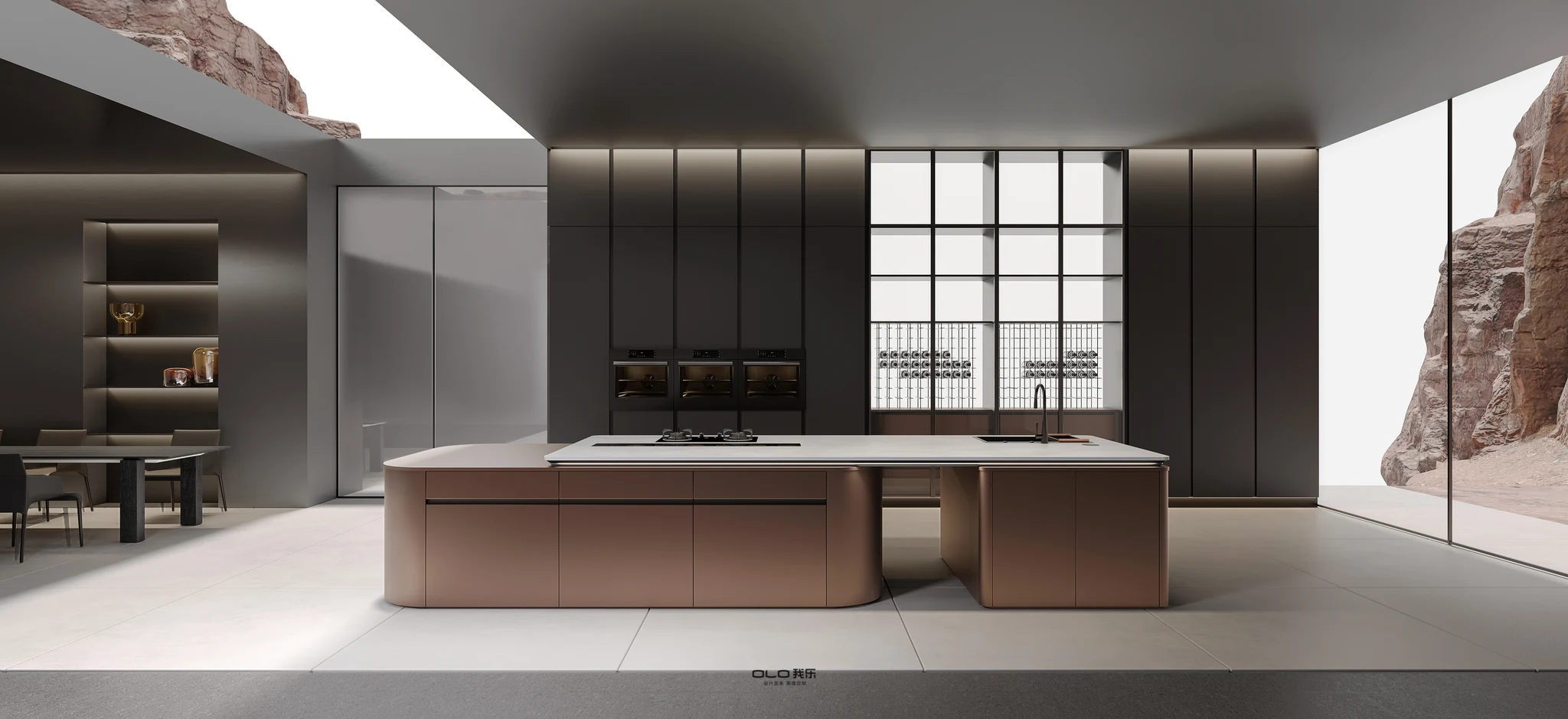 COVERT kitchen with bronze island and graphite cabinetry