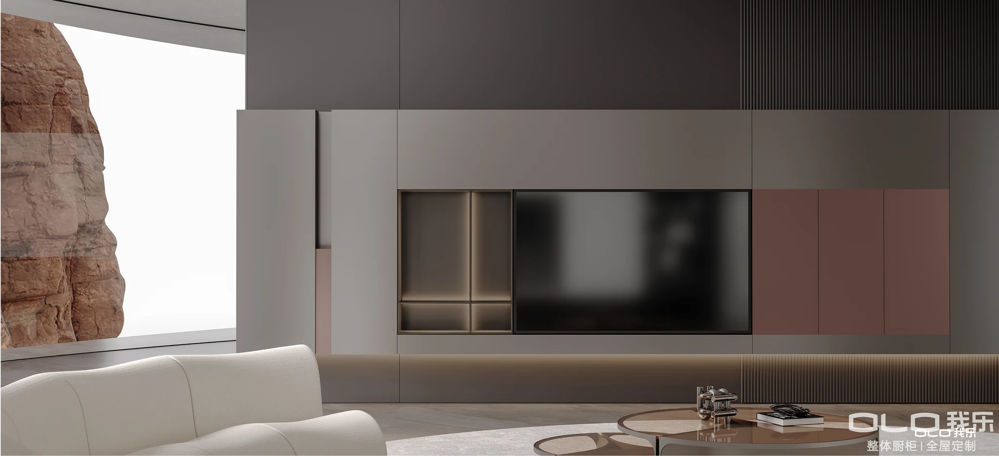 COVERT media wall with bronze display niche and muted red panels