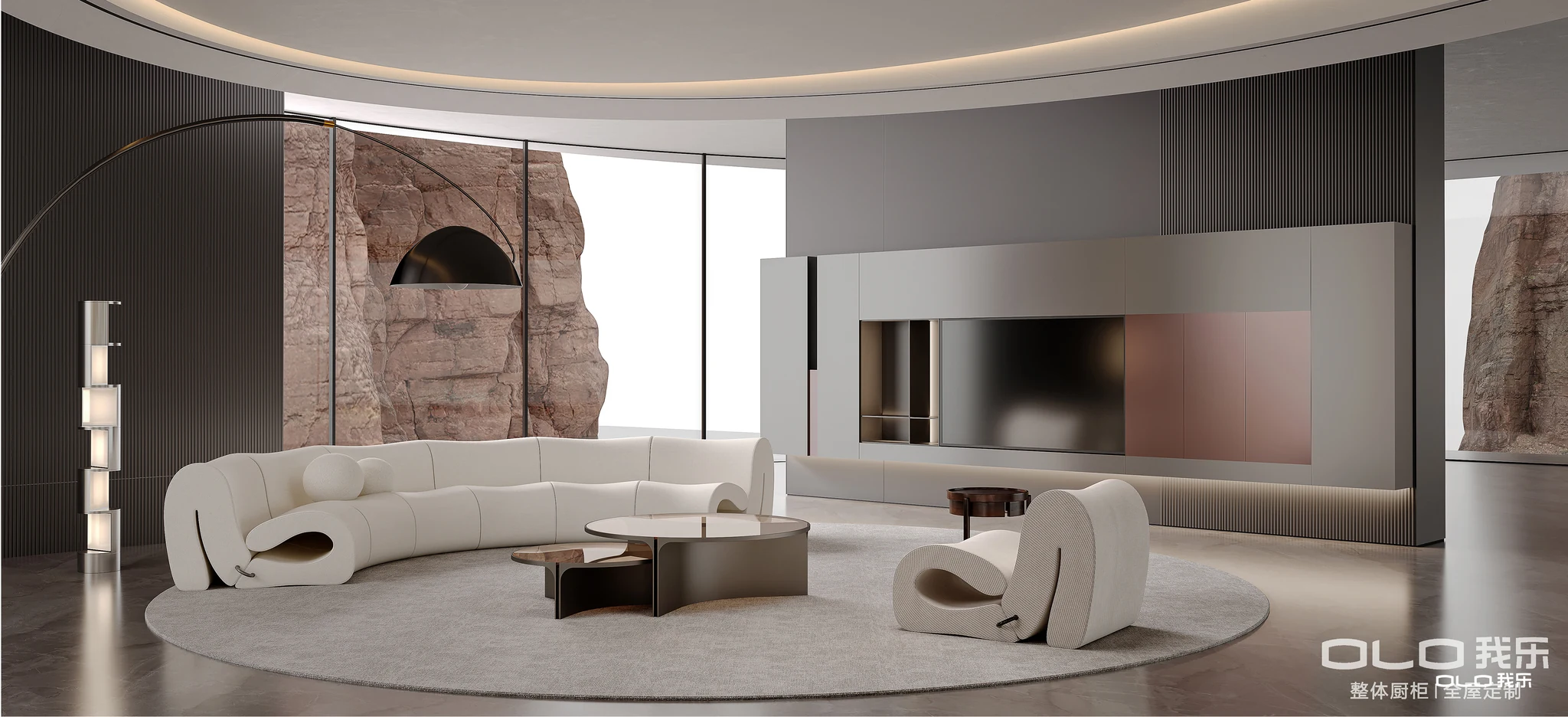 COVERT living room with integrated low-saturation media cabinetry