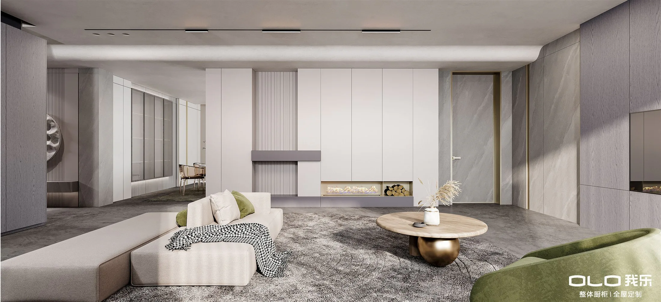 YINRUO PRO living room with integrated fireplace wall